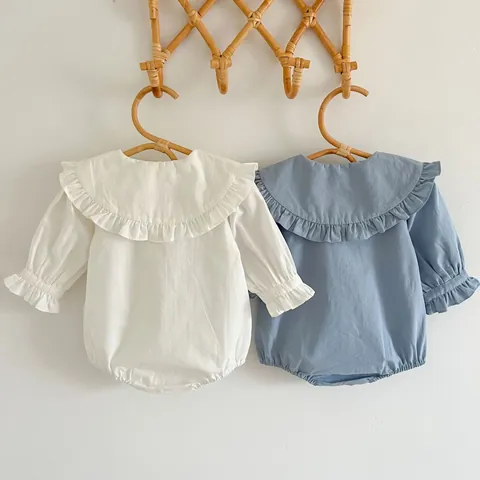 Baby Girl Long Sleeve Romper Cotton Peter Pan Collar Ruffle Trim Solid Color Infant Bodysuit Jumpsuit Spring Autumn Clothing
