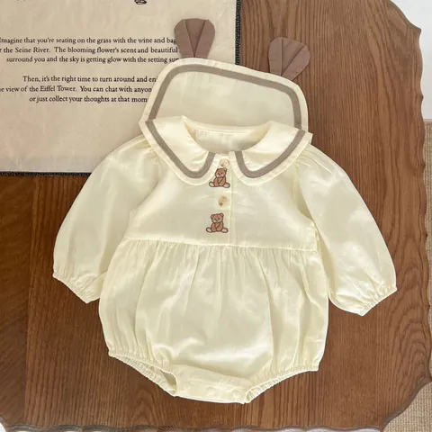 Pagliaccetto a Maniche Lunghe in Cotone con Orsetto per Neonato e Cappello Coordinato Body con Colletto Peter Pan Autunno