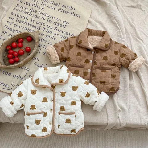 Baby Toddler Winter Gequatteerde Jas Sherpa Gevoerd Dikke Beer Print Katoenen Jas Voor Baby's Warme Buitenjas