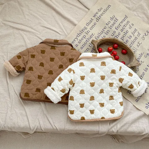 Giacca Trapuntata Invernale per Neonati e Bambini Con Fodera in Sherpa Spesso Cappotto in Cotone con Stampa Orso