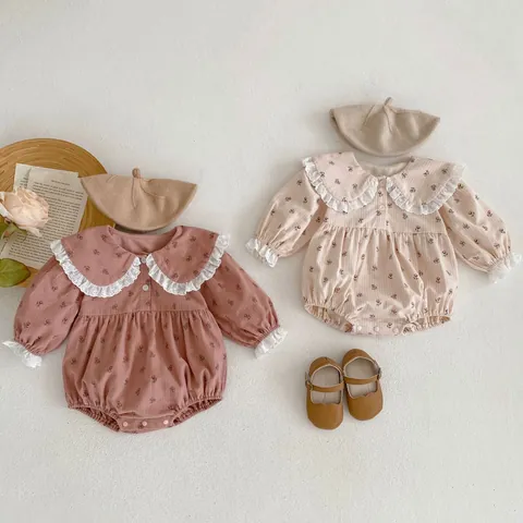 Baby Girl Floral Long Sleeve Romper Cotton Peter Pan Collar Lace Trim Bodysuit Vintage Sweet Infant Jumpsuit Outfit
