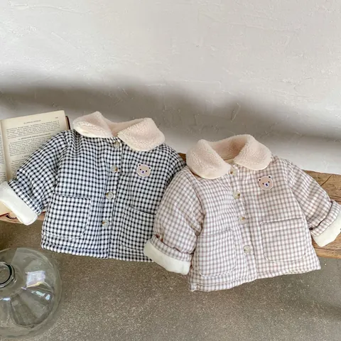 Infant Winter Checkered Jacket With Bear Embroidery Sherpa Collar Thickened Cotton Padded Coat For Baby Boys Girls Warm Outwear