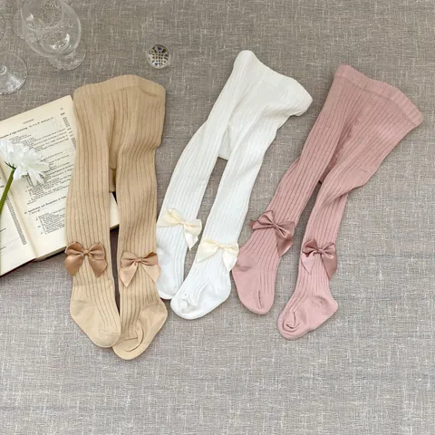 Baby Girls Sweet Bow Footed Tights Combed Cotton Ribbed Knit Leggings Soft Breathable Elastic Pantyhose For Infant Toddler