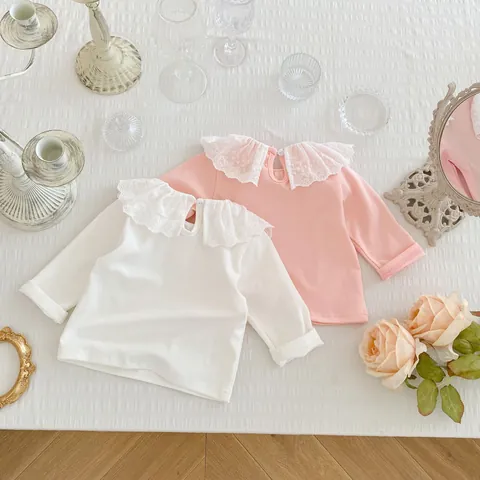 T-shirt à Manches Longues en Coton avec Col en Dentelle pour Bébé Fille Ours Brodé Hauts de Base à Volants pour Automne Printemps