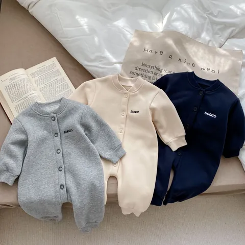 Newborn Baby Cotton Fleece Lined Romper Jumpsuit Thickened Winter Long Sleeve Button Up Outerwear For Toddler Infant Boys Girls