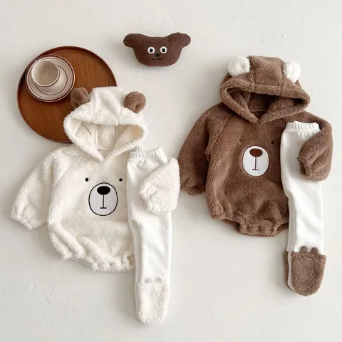 Baby Fleece Bear Hooded Romper Long Sleeve Thick Warm Jumpsuit Or Cute Bear Ear Elastic Waist Pants For Infant Toddler Winter Outfit