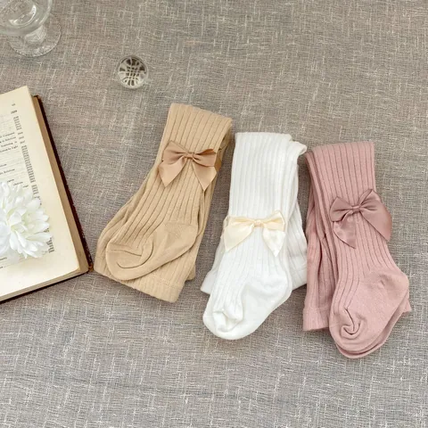 Baby Girls Sweet Bow Footed Tights Combed Cotton Ribbed Knit Leggings Soft Breathable Elastic Pantyhose For Infant Toddler