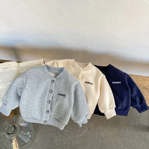 Kinder Fleece Gevoerd Cardigan Sweatshirt Jas Koreaanse Stijl Letter Borduurwerk Single Breasted Lange Mouwen Warme Bovenkleding Voor Baby Jongens Meisjes Casual Winter Top