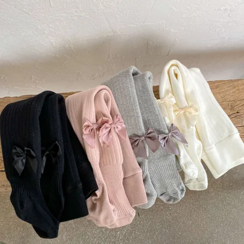 Baby Girls Fleece Lined Ribbed Leggings With Bowknot Sweet Winter Cotton Warm Knitted Tights For Infants Toddlers Kids