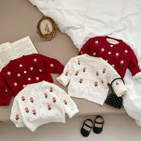 Baby Girl Knitted Cardigan Sweater Floral Embroidered Fleece Lined Warm Long Sleeve Single Breasted Toddler Jacket Clothes