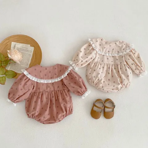 Baby Girl Floral Long Sleeve Romper Cotton Peter Pan Collar Lace Trim Bodysuit Vintage Sweet Infant Jumpsuit Outfit