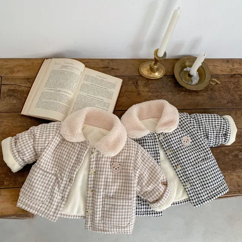 Infant Winter Checkered Jacket With Bear Embroidery Sherpa Collar Thickened Cotton Padded Coat For Baby Boys Girls Warm Outwear