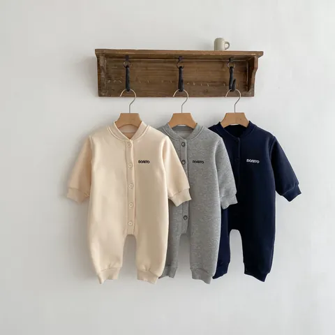 Newborn Baby Cotton Fleece Lined Romper Jumpsuit Thickened Winter Long Sleeve Button Up Outerwear For Toddler Infant Boys Girls