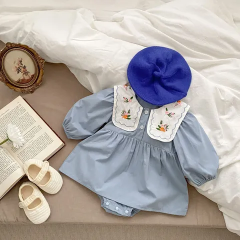Baby Girl Long Sleeve Cotton Romper Floral Embroidered Peter Pan Collar Sweet Princess Bodysuit Infant Jumpsuit For Spring Autumn