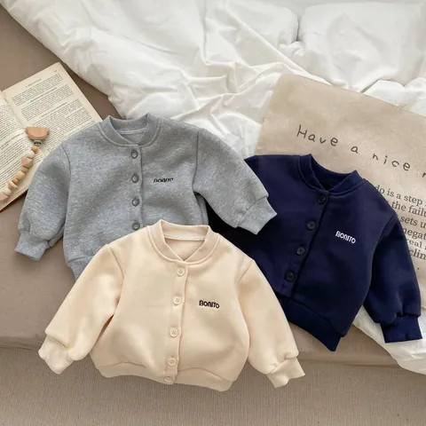 Kinder Fleece Gevoerd Cardigan Sweatshirt Jas Koreaanse Stijl Letter Borduurwerk Single Breasted Lange Mouwen Warme Bovenkleding Voor Baby Jongens Meisjes Casual Winter Top