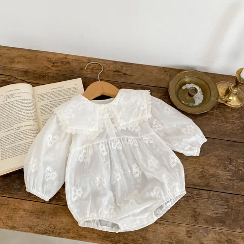 Baby Girl Vintage Floral Embroidered Lace Romper Peter Pan Collar Long Sleeve Cotton Bodysuit White Infant Jumpsuit