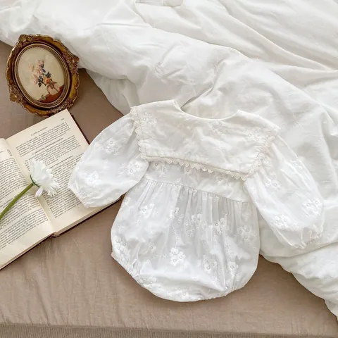 Baby Girl Vintage Floral Embroidered Lace Romper Peter Pan Collar Long Sleeve Cotton Bodysuit White Infant Jumpsuit