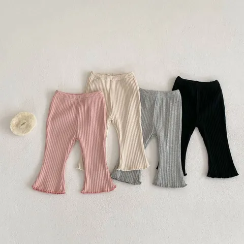 Baby Girl Ribbed Cotton Flared Leggings Solid Color Elastic Waist Lettuce Edge Casual Infant Toddler Ribbed Pants