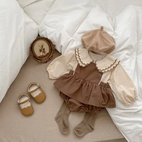 Infant Toddler Vintage Cotton Scalloped Collar Long Sleeve Shirt Suspenders Romper Bloomers Retro Outfit For Baby Boys Girls