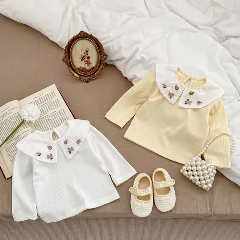 Baby Girls Cotton Long Sleeve T-Shirt Peter Pan Collar Embroidered Flower Ribbed Bottoming Top Korean Style Doll Shirt