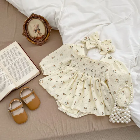Baby Girl Vintage Floral Muslin Cotton Bodysuit And Headband Long Sleeve Square Neck Smocking Romper Toddler Clothes