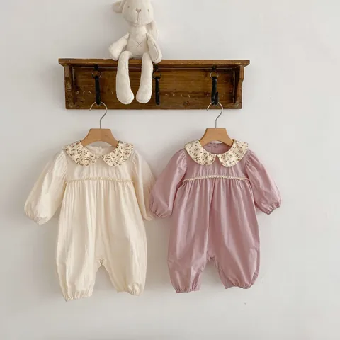 Baby Girls Floral Peter Pan Collar Romper Cotton Long Sleeve Infant Jumpsuit With Lace Trim Snap Button Fall Spring Bodysuit