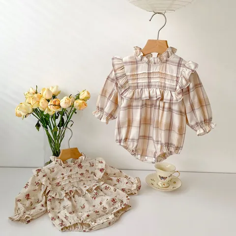 Katoen Baby Meisjes Kruippakje Lange Mouw Bloemen Ruitjes Kraag Drukknoop Body Voor Peuter Lente Herfst Outfit