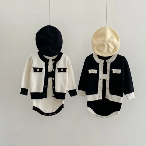 Baby Mädchen Strick Strampler Set Elegant Farbblock Langarm Strickjacke Mit Ärmellosem Body Jumpsuit Säuglinge Herbst Kleidung