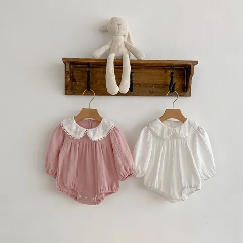 Pagliaccetto da Neonata Con Colletto Peter Pan 100% Cotone Manica Lunga In Mussola Bianco Rosa Tinta Unita Ricamo Body