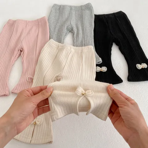 Toddler Girls Cotton Ribbed Flared Pants Solid Color Elastic Leggings With Bow Slit Hem Casual Baby High Waist Long Pants