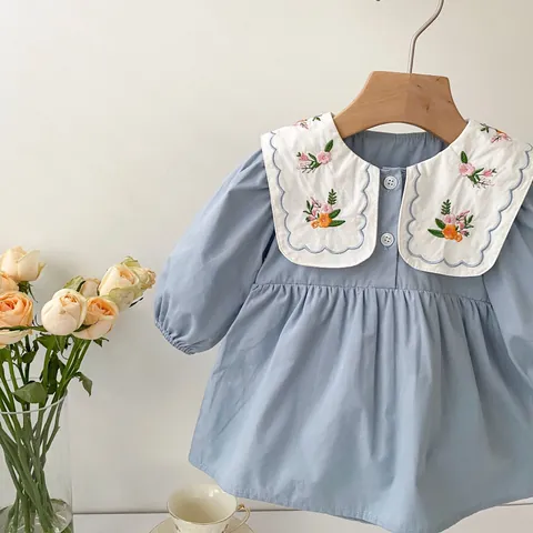 Baby Girl Long Sleeve Cotton Romper Floral Embroidered Peter Pan Collar Sweet Princess Bodysuit Infant Jumpsuit For Spring Autumn