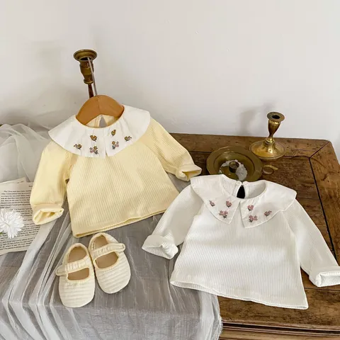 Baby Girls Cotton Long Sleeve T-Shirt Peter Pan Collar Embroidered Flower Ribbed Bottoming Top Korean Style Doll Shirt