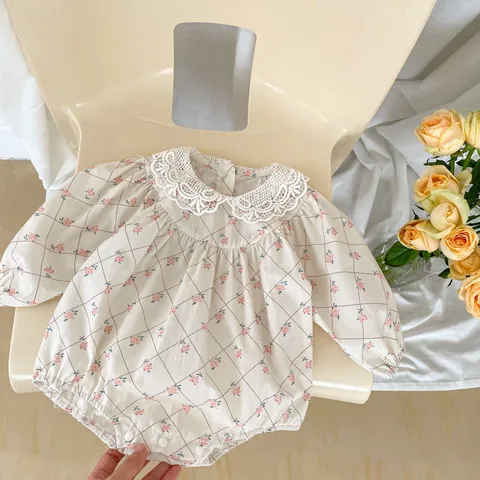 Pagliaccetto a Maniche Lunghe Floreale da Neonata Body in Cotone Con Colletto Peter Pan in Pizzo Retrò Tuta Primaverile Autunnale