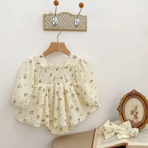 Baby Girl Vintage Floral Muslin Cotton Bodysuit And Headband Long Sleeve Square Neck Smocking Romper Toddler Clothes