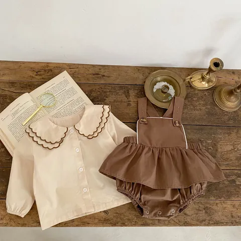 Infant Toddler Vintage Cotton Scalloped Collar Long Sleeve Shirt Suspenders Romper Bloomers Retro Outfit For Baby Boys Girls