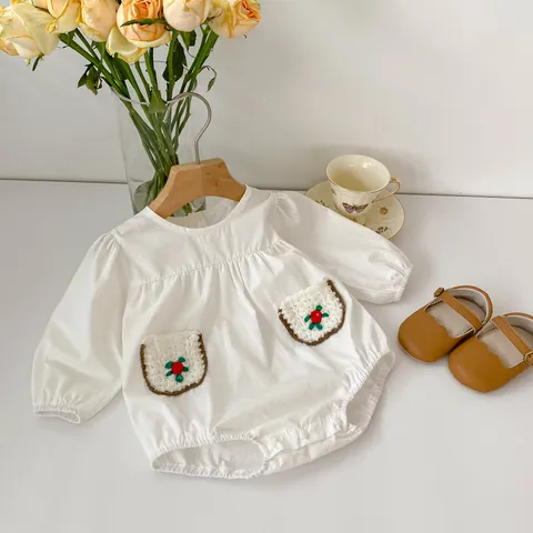 Baby Girl Cotton Long Sleeve Romper With Crochet Floral Pockets White Infant Bodysuit Jumpsuit Newborn Spring Autumn Clothing