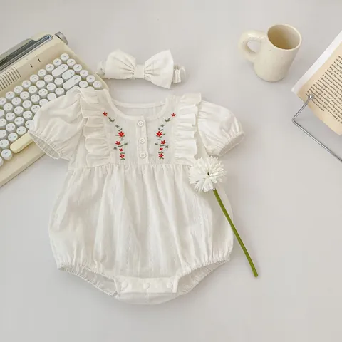 Baby Girl Summer Cotton Romper Floral Embroidery Ruffle Short Sleeve Jumpsuit With Headband White Newborn Bodysuit Outfit