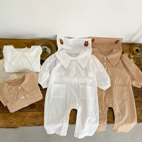 Klasse A Reine Baumwolle Baby Strampler Langarm Hemd Bären Stickerei Peter-Pan-Kragen Kleinkind Jumpsuit Herbst Kleidung