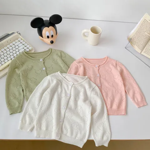 Baby Girl Cotton Knit Cardigan Lightweight Heart Hollow Out Long Sleeve Sun Protection Sweater Jacket For Toddler Infant