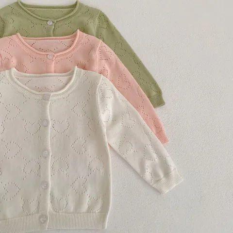 Baby Girl Cotton Knit Cardigan Lightweight Heart Hollow Out Long Sleeve Sun Protection Sweater Jacket For Toddler Infant