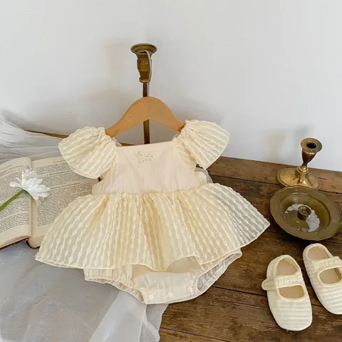 Baby Girl Summer Sleeveless Cotton Romper Dress With Ruffle Flying Sleeve Mesh Tutu Skirt Pearl Bow Princess Jumpsuit