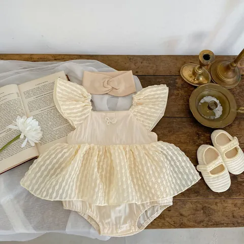 Baby Girl Summer Sleeveless Cotton Romper Dress With Ruffle Flying Sleeve Mesh Tutu Skirt Pearl Bow Princess Jumpsuit