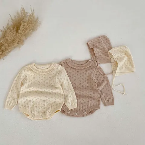 Conjunto de Mameluco de Punto para Bebé Niña Cuello con Volantes Manga Larga Algodón Pointelle con Gorro a Juego Ropa Vintage