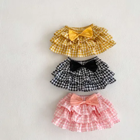 Baby Girls Plaid Tiered Skirt Pants Summer Toddler Ruffle Cake Shorts With Bow Pure Cotton Fake Two-Piece Bloomers