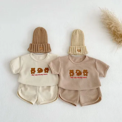 Infant Baby Summer Waffle Knit Set 100% Cotton Cartoon Bear Embroidery Short Sleeve T-Shirt And Shorts Two Piece Outfit