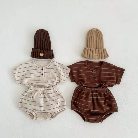 Infant Baby Summer Cotton Striped T-Shirt And Shorts Outfit Casual Waffle Knit Short Sleeve Henley Neck Toddler Clothing