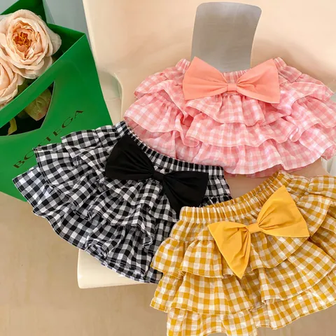 Baby Girls Plaid Tiered Skirt Pants Summer Toddler Ruffle Cake Shorts With Bow Pure Cotton Fake Two-Piece Bloomers
