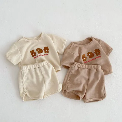 Infant Baby Summer Waffle Knit Set 100% Cotton Cartoon Bear Embroidery Short Sleeve T-Shirt And Shorts Two Piece Outfit
