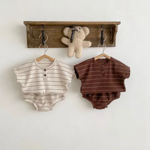 Infant Baby Summer Cotton Striped T-Shirt And Shorts Outfit Casual Waffle Knit Short Sleeve Henley Neck Toddler Clothing