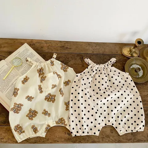Baby Summer Sleeveless Romper 100% Cotton Cute Cartoon Bear Polka Dot Pattern Newborn Infant Jumpsuit One Piece Outfit
